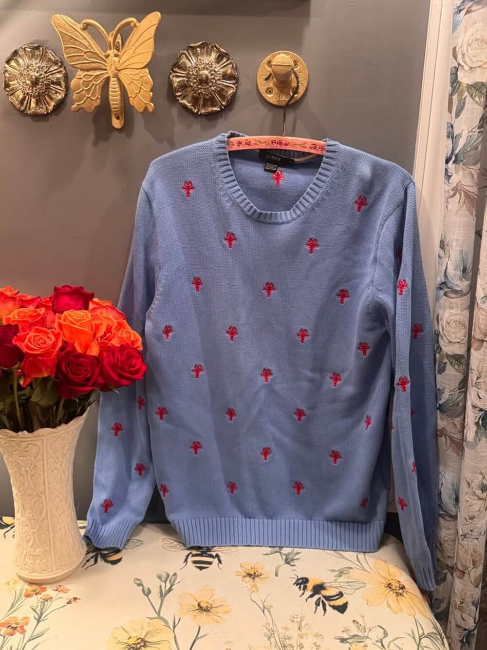 J.Crew Lobster Embroidered Cotton Sweater – Blue & Red – Size Small